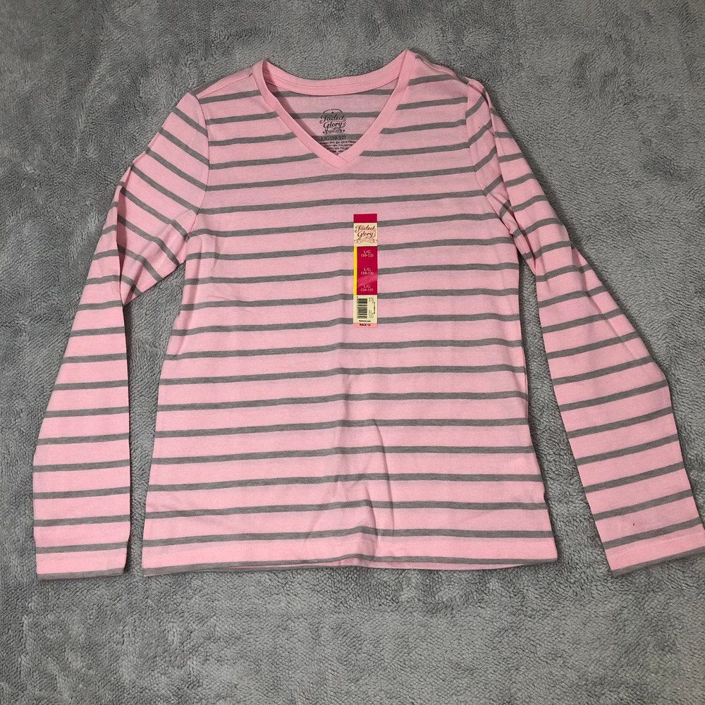 Faded Glory V-Neck Tee Girls Large 10-12 Pink Grey Striped Long Sleeve FG45T300G